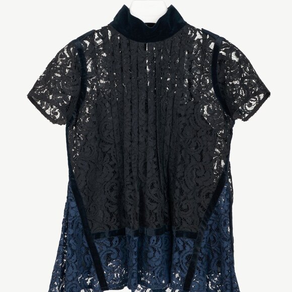 Sacai PF16 Black & Blue Lace Velvet-Trim Blouse - Picture 2 of 11